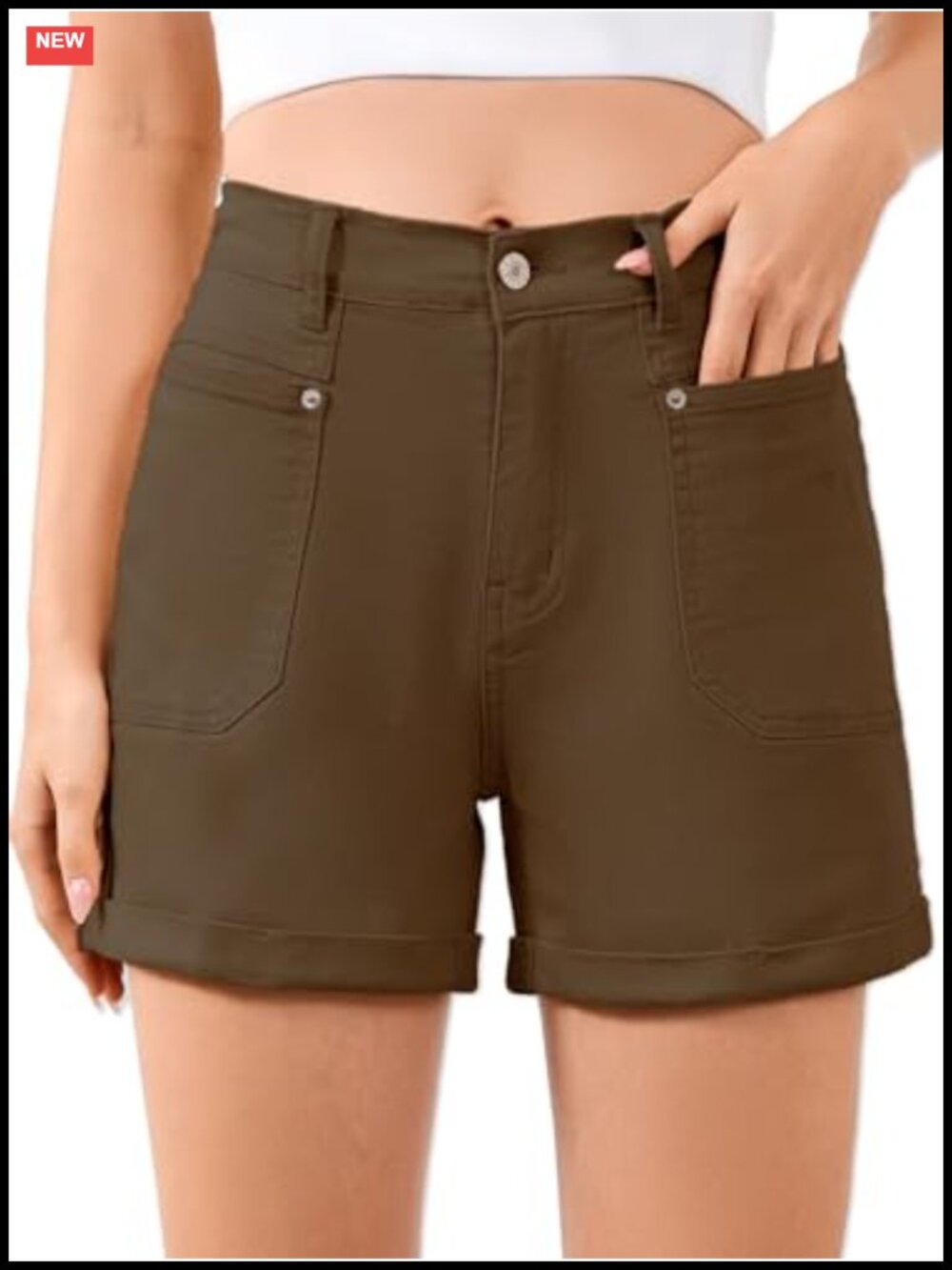 Women High Waisted Jean Shorts Stretchy Folded Hem Chino Summer Jorts